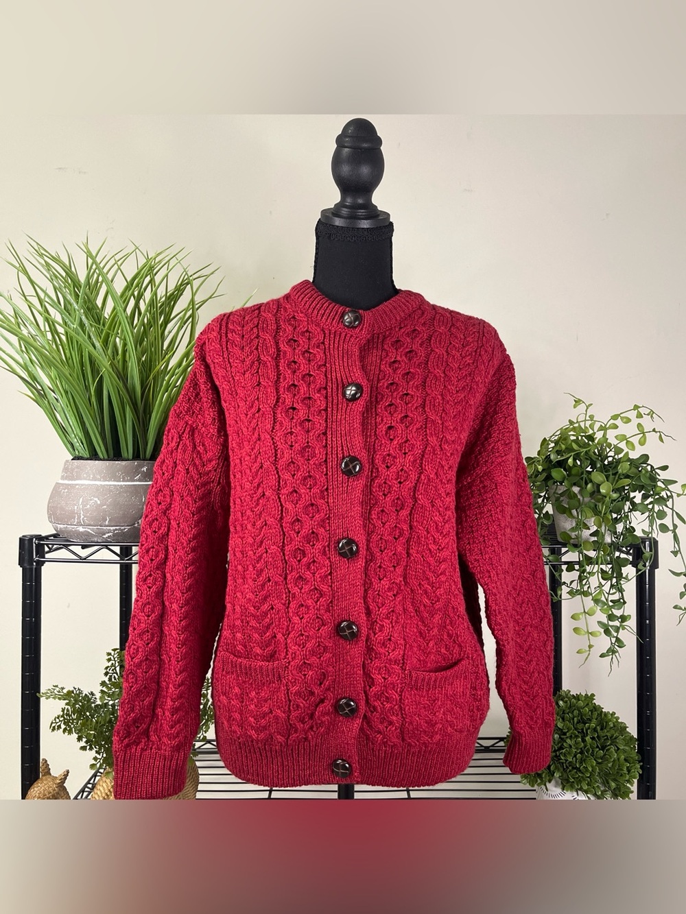 Vintage 90s Shannon Irish Wool Red 100% Merino Wool Button Up Cable Knit Sweater